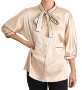 Dolce & Gabbana Beige Ribbon Silk Stretch Top Blouse - IT48|XXL - Blouses