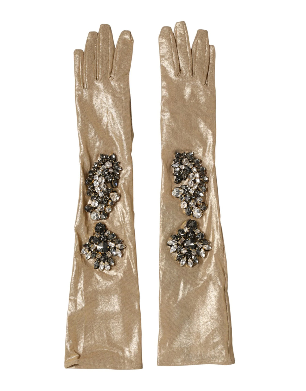 Dolce & Gabbana Beige Satin Crystal Elbow Length Mitten Gloves - 7|S