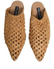 Dolce & Gabbana Beige Woven Straw Slides Sandals Flats Shoes - EU44/US11