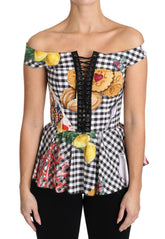 Dolce & Gabbana Black and White Corset Blouse Sicily Lemon Check Top - IT36|XXS - Blouses