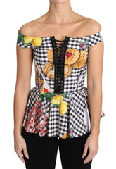 Dolce & Gabbana Black and White Corset Blouse Sicily Lemon Check Top - IT36|XXS - Blouses