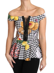 Dolce & Gabbana Black and White Corset Blouse Sicily Lemon Check Top - IT36|XXS - Blouses