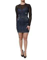 Dolce & Gabbana Black Blue Long Sleeves Denim Mini Dress - Dresses