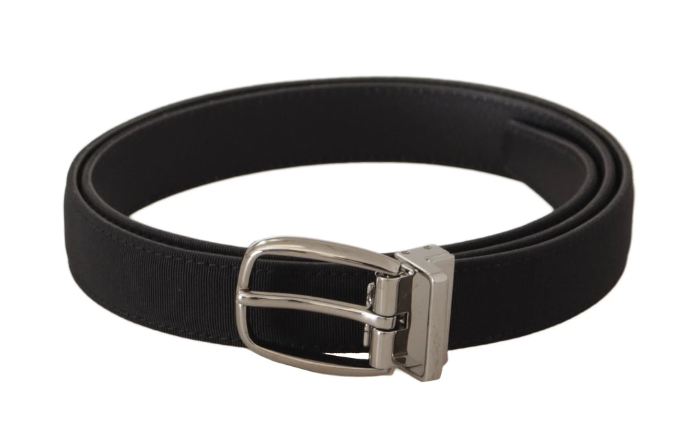 Dolce & Gabbana Black Calf Canvas Silver Tone Logo Metal Belt - Belts