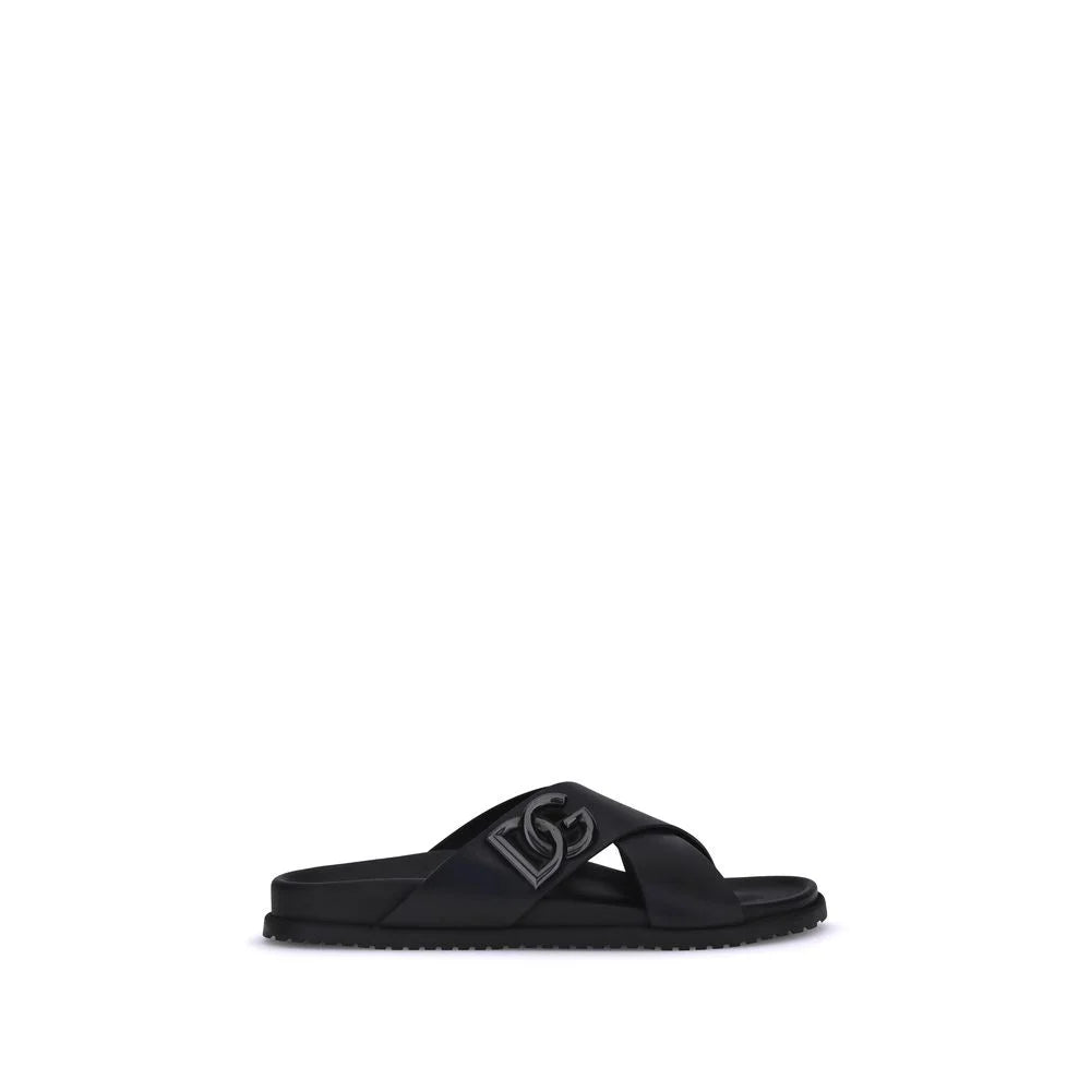 Dolce & Gabbana Black Calf Leather Bos Taurus Flat Sandals - EU45/US12