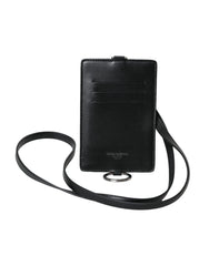 Dolce & Gabbana Black Calf Leather Lanyard Logo Card Holder Men Wallet - Neck Pouches