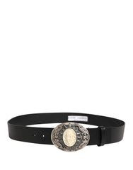 Dolce & Gabbana Black Calf Leather Ornate Metal Buckle Belt - 100 cm / 40 Inches