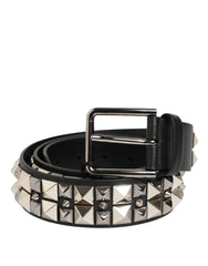 Dolce & Gabbana Black Calf Leather Studded Silver Buckle Belt - Belts