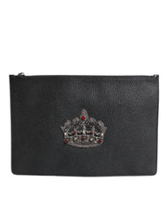 Dolce & Gabbana Black Calfskin Crown Embellished Clutch Pouch Bag - Clutch Bags