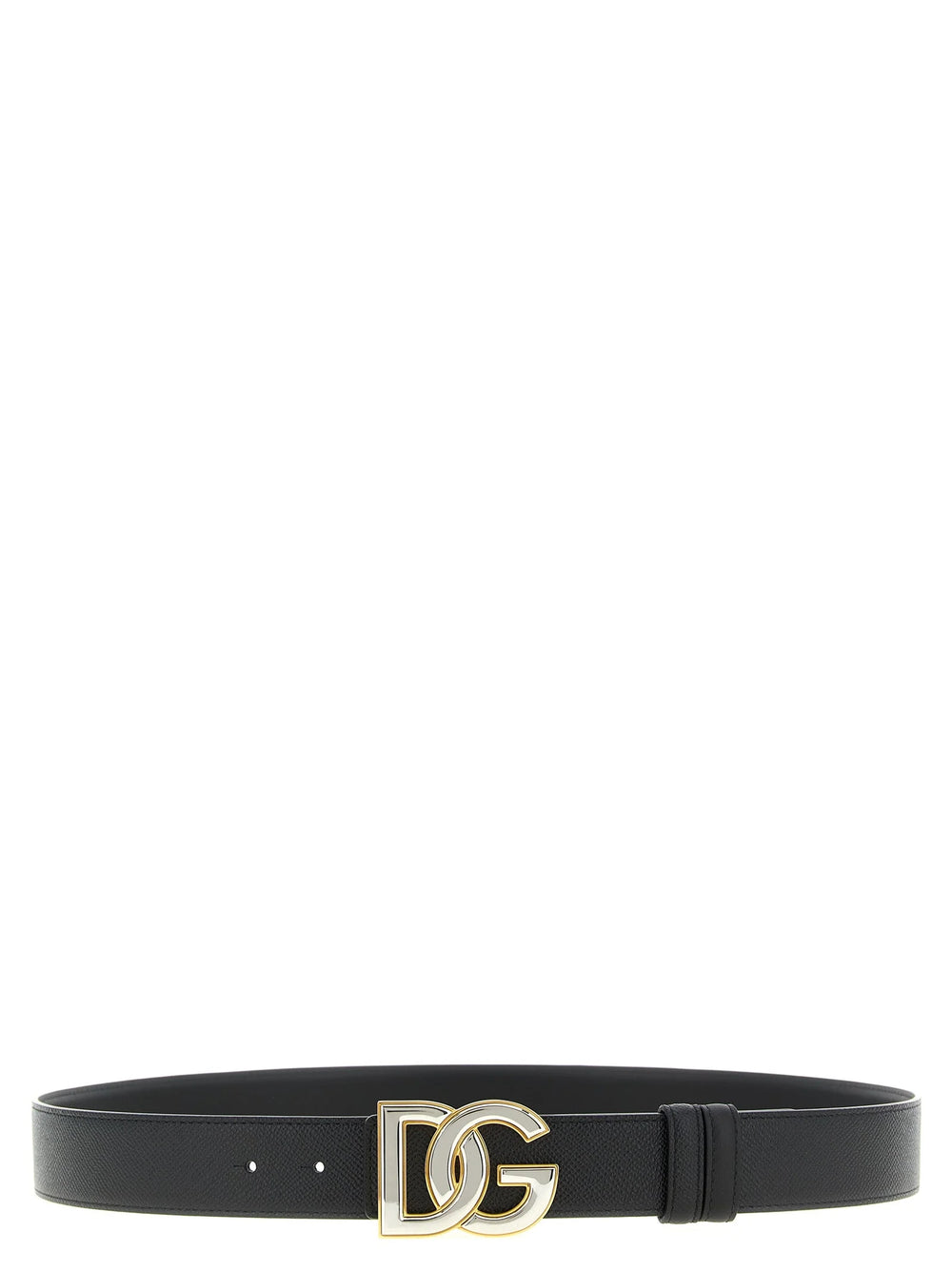 Dolce & Gabbanan musta nahkavyö, jossa on kiillotettu hopeanvärinen DG-logometalli, viimeistelemään lookin.
