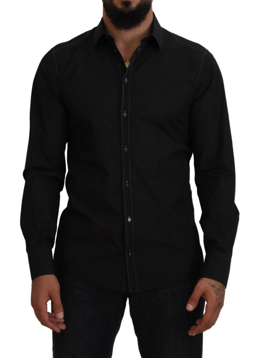 Dolce & Gabbana Black Cotton Collared Long Sleeve GOLD Shirt - IT41 | L - Shirts
