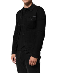 Dolce & Gabbana Black Cotton Denim Stretch Button Up Jacket - IT58 | 3XL - Trucker Jackets