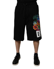 Dolce & Gabbana Black Cotton Logo Floral Print Bermuda Shorts - Bermudas