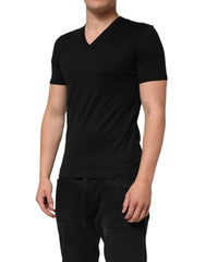 Dolce & Gabbana Black Cotton Plain V-Neck Men Shirt T-shirt - T-Shirts