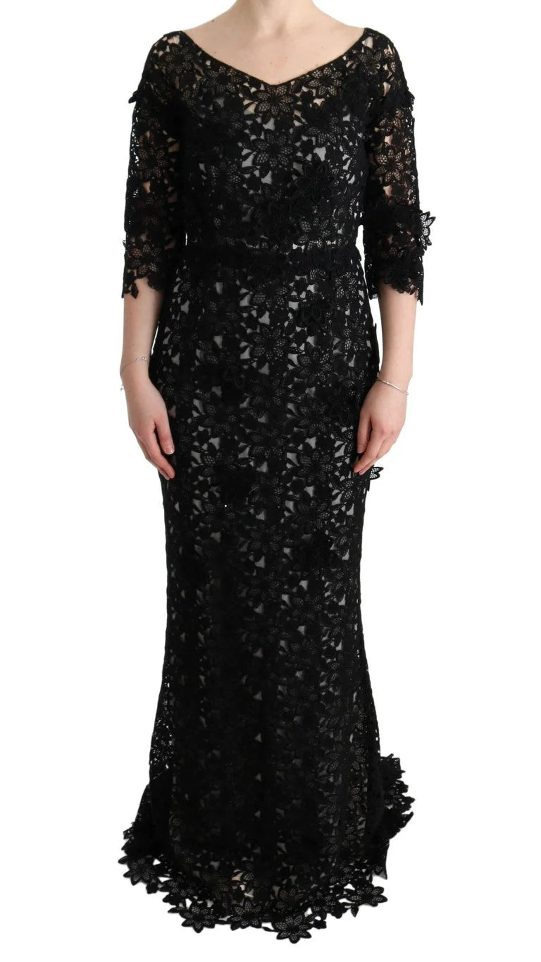 Dolce & Gabbana Black Cotton Silk Floral Long Dress - IT38|XS - Dresses