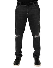 Dolce & Gabbana Black Cotton Slim Fit Distressed Ripped Logo Jeans - IT56 | XXL - Jeans