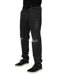 Dolce & Gabbana Black Cotton Slim Fit Distressed Ripped Logo Jeans - IT56 | XXL - Jeans