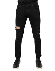 Dolce & Gabbana Black Cotton Tattered Skinny Denim Logo Jeans - IT46 | S - Jeans