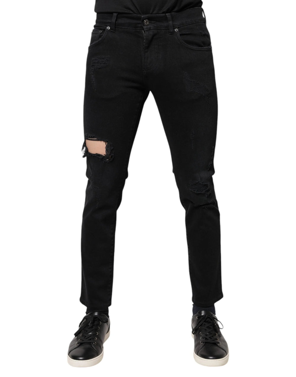 Dolce & Gabbana Black Cotton Tattered Skinny Denim Logo Jeans - IT46 | S - Jeans