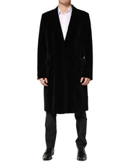 Dolce & Gabbana Black Cotton Velvet Long Trench Coat Jacket - IT52 | XL