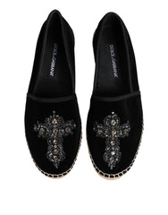 Dolce & Gabbana Black Cross Crystal Slip On Espadrille Shoes - EU39/US6 - Flats
