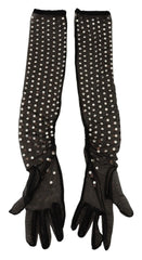 Dolce & Gabbana Black Crystal Elbow Length Cotton Tulle Gloves - 7.5|S - Gloves & Mittens