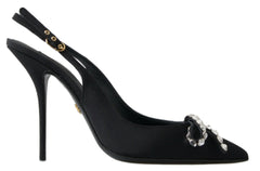Dolce & Gabbana Black Crystal Embellished Slingback Heel Shoes - EU39.5/US9 - Heels
