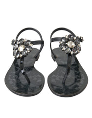 Dolce & Gabbana Black Crystal Flats Sandals Flip Flops Shoes - EU35/US4.5 - Sandals