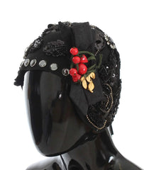 Dolce & Gabbana Black Crystal Gold Cherries Brooch Hat - Hats