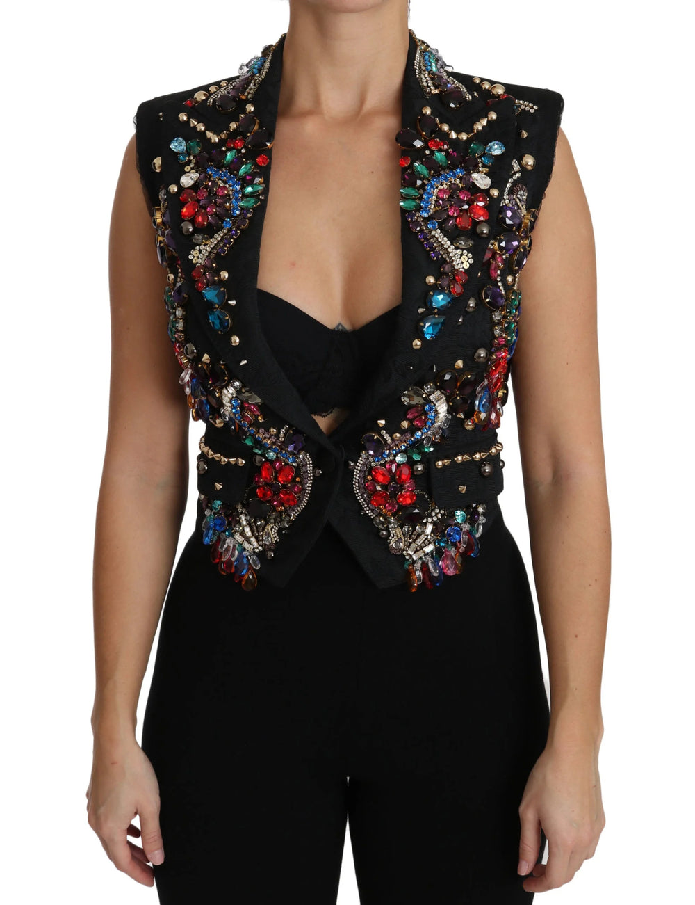 Dolce & Gabbana Black Crystal Sicily Vest Waistcoat - IT36 | XS - Vests