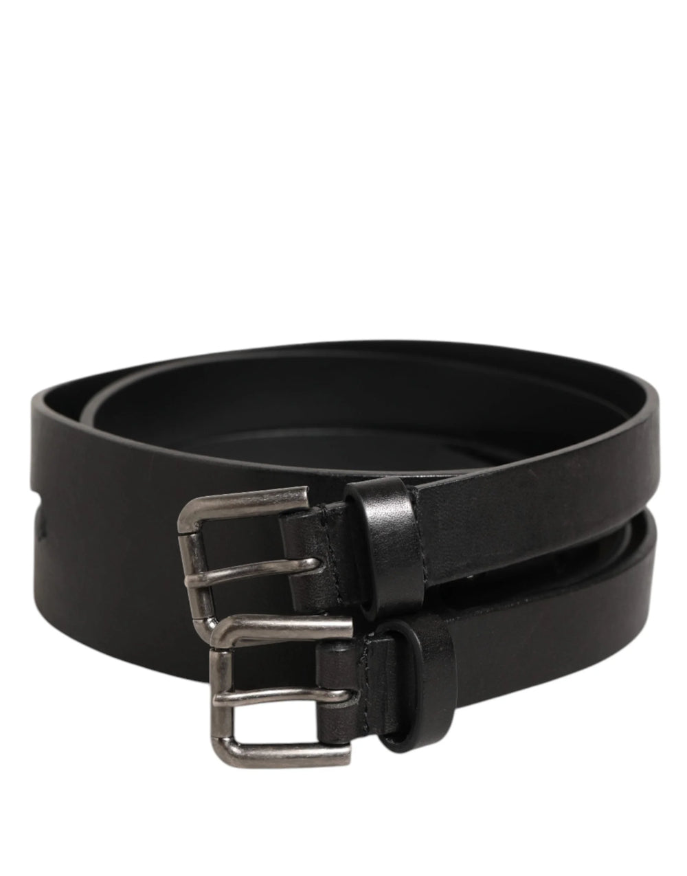 Dolce & Gabbana Black Double Strap Leather Silver Buckle Belt - 90 cm / 36 Inches - Belts