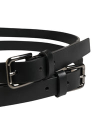 Dolce & Gabbana Black Double Strap Leather Silver Buckle Belt - 90 cm / 36 Inches