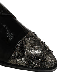 Dolce & Gabbana black leather embellished Derby shoes featuring intricate crystal detailing on a formal silhouette.