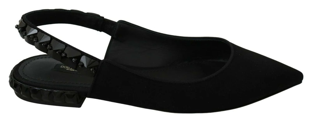 Ballerines à brides arrière noires Dolce & Gabbana en soie charmeuse avec bout pointu et profil bas élégant pour femmes.