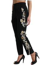 Dolce & Gabbana Black Floral Applique High Waist Tapered Pants - IT40|S - Trousers