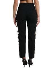 Dolce & Gabbana Black Floral Applique High Waist Tapered Pants - IT40|S - Trousers