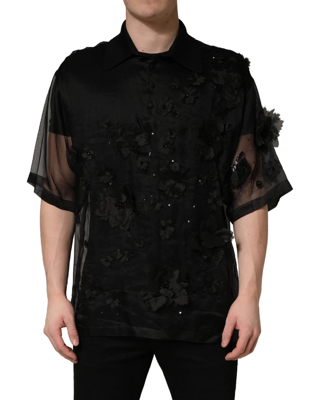 Dolce & Gabbana Black Floral Applique Sheer Short Sleeve Shirt - IT41 | L