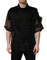 Dolce & Gabbana Black Floral Applique Sheer Short Sleeve Shirt - IT41 | L