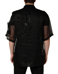 Dolce & Gabbana Black Floral Applique Sheer Short Sleeve Shirt - IT41 | L