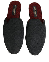 Dolce & Gabbana men's black floral brocade slides featuring intricate tonal embroidery and a refined silhouette.