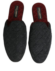 Dolce & Gabbana men's black floral brocade slides featuring intricate tonal embroidery and a refined silhouette.