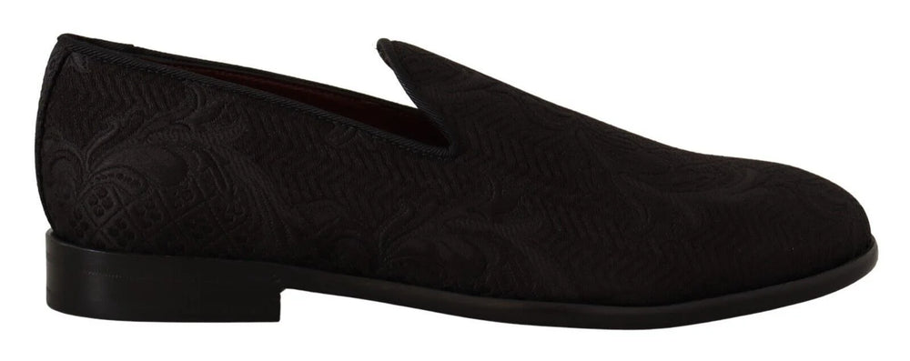 Dolce & Gabbana men's black floral brocade slippers, a refined evening loafer with intricate silk-blend embroidery.