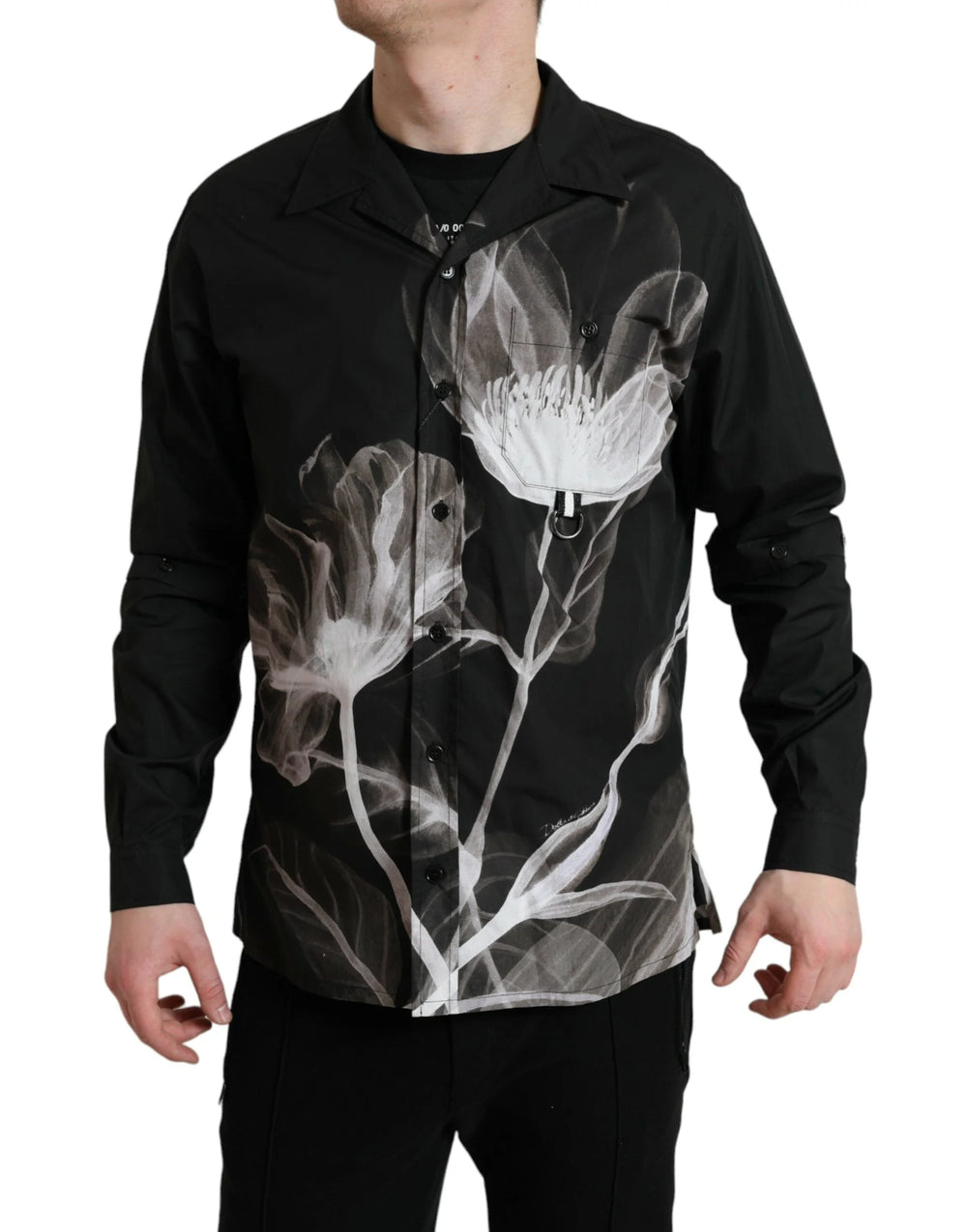 Dolce & Gabbana Black Floral Cotton Collared Long Sleeves Men Shirt - IT40 | M - Shirts