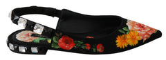 Μαύρες μπαλαρίνες Dolce & Gabbana με λουράκι στη φτέρνα, floral κρύσταλλα, κομψή μυτερή μύτη και περίτεχνες διακοσμήσεις με πολύτιμους λίθους.