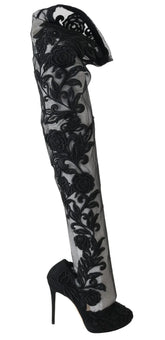 Dolce & Gabbana Black Floral Embroidered Socks Boots - EU39/US8.5 - Boots