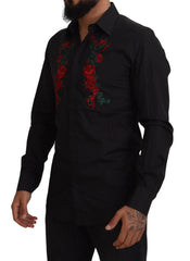 Dolce & Gabbana Black Floral Embroidery Men Long Sleeves GOLD Shirt - Shirts