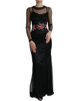 Dolce & Gabbana Black Floral Embroidery Mesh Tulle Gown Dress - IT40|S - Dresses