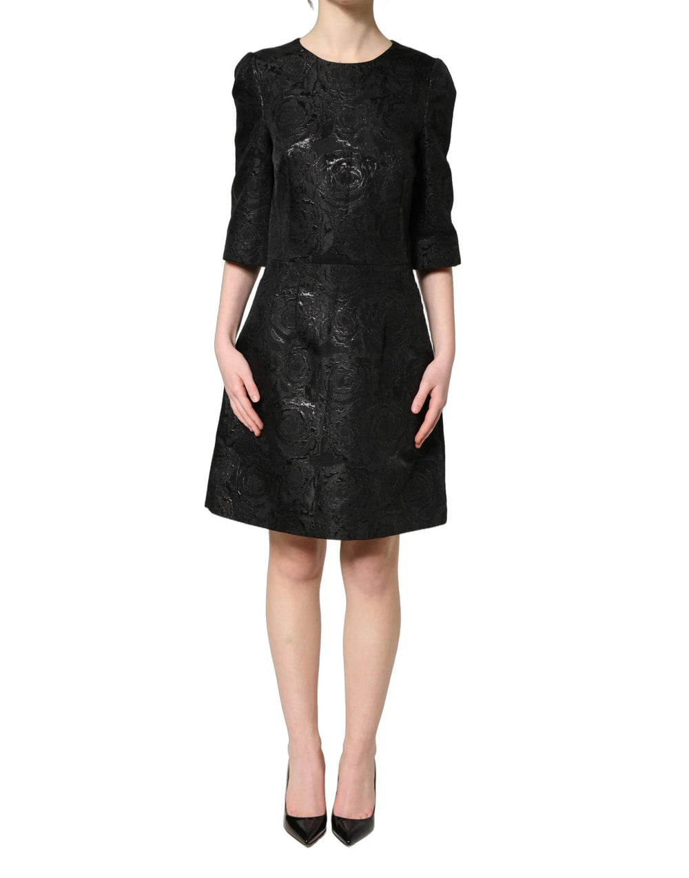 Dolce & Gabbana Black Floral Jacquard Flared A-line Dress - IT38 | XS