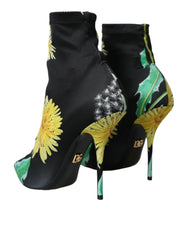 Dolce & Gabbana Black Floral Jersey Stretch Ankle Boots Shoes - EU39/US8.5 - Boots