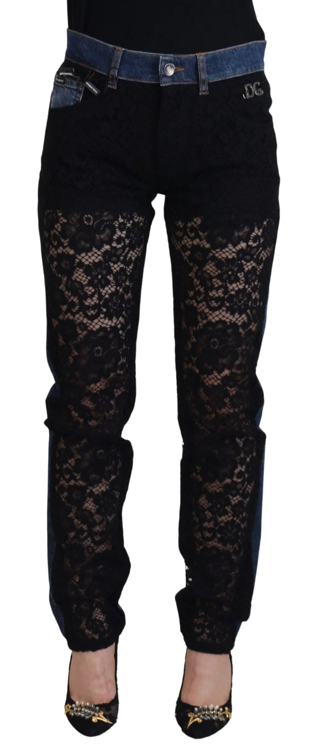 Dolce & Gabbana Black Floral Lace Front Skinny Denim Jeans - Jeans